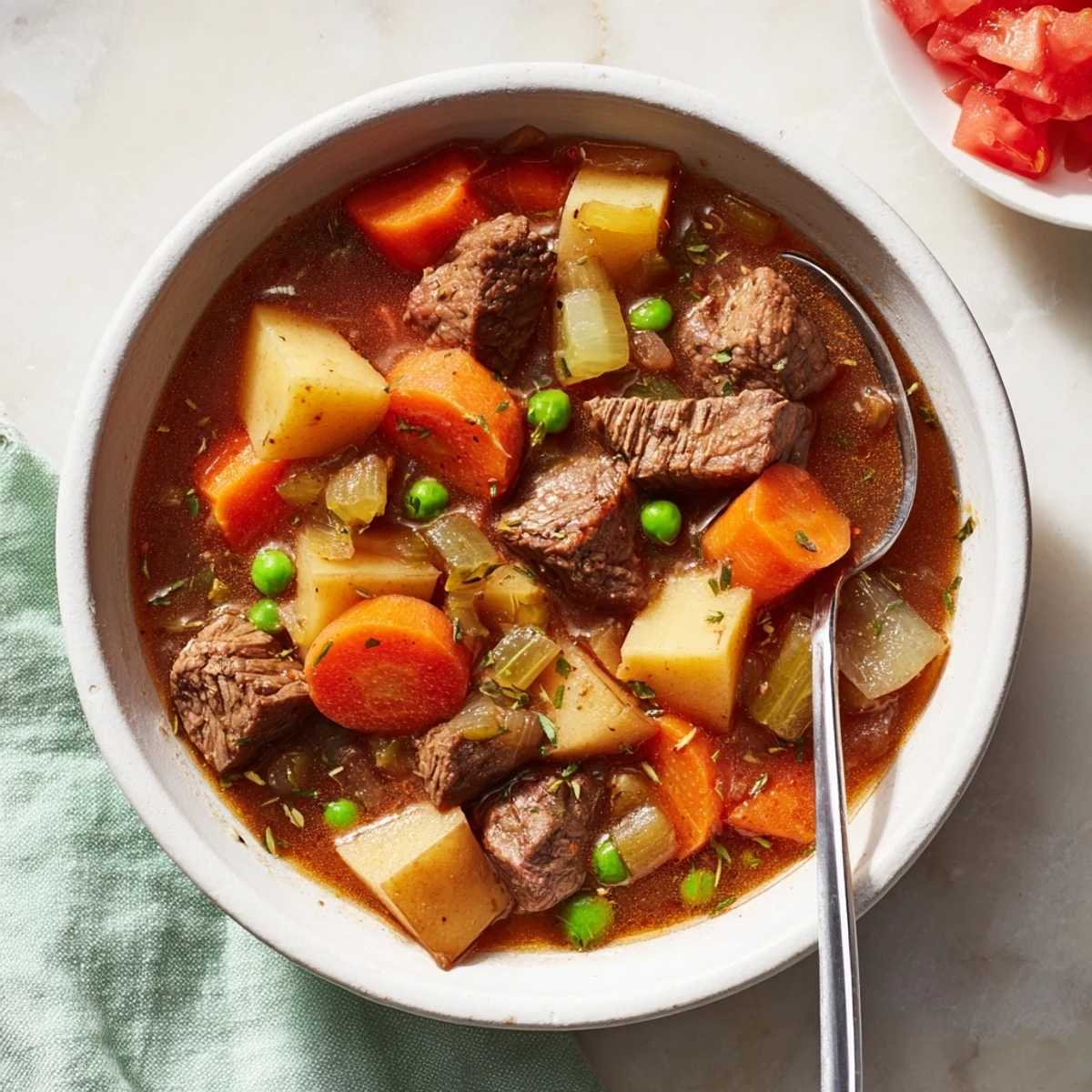 A steaming bowl of Slow Cooker Supper Stew Pot with tender beef, carrots, and potatoes, perfect for a cozy family dinner.