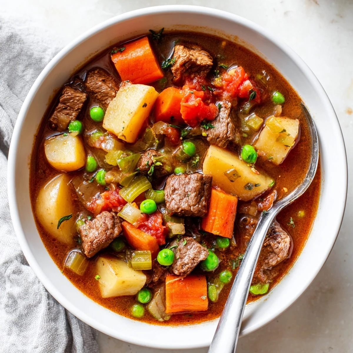Spoon-lifted shot of Slow Cooker Supper Stew Pot bubbling with peas and herbs, served hot alongside crusty bread.