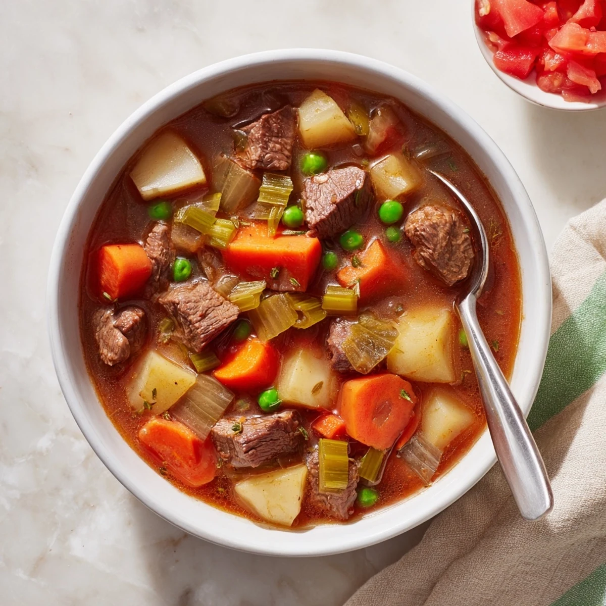 Close-up of Slow Cooker Supper Stew Pot, showcasing glossy broth, diced potatoes, and shredded beef in a rustic setting.