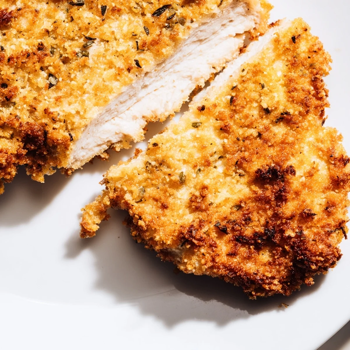 Golden brown Crispy Supper Chicken Cutlet served on a white plate with lemon wedges.