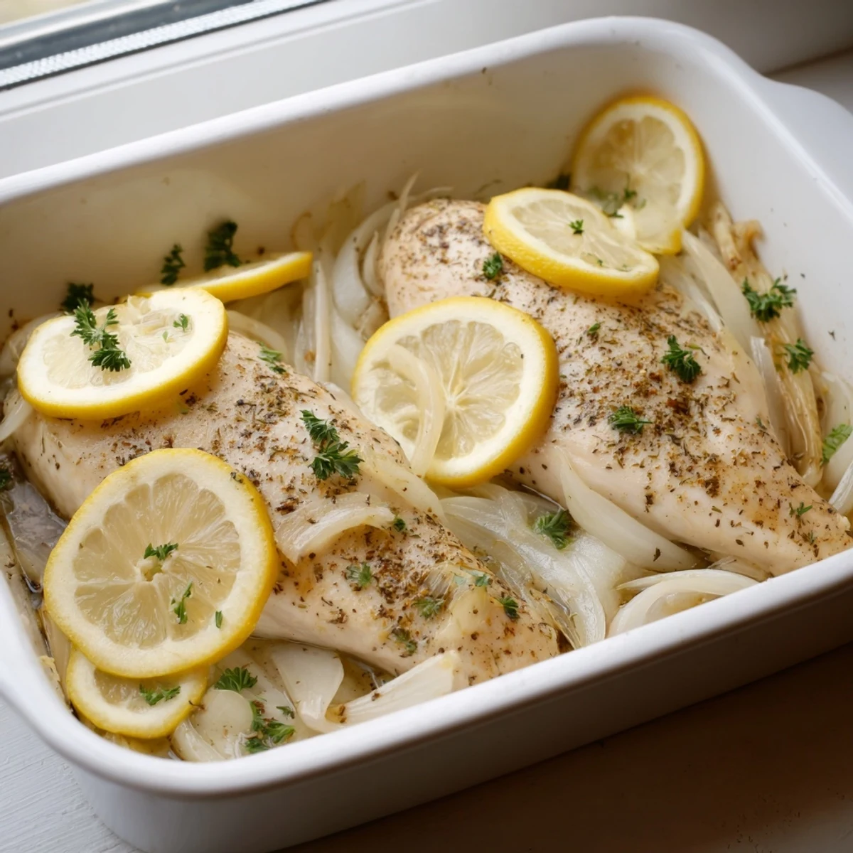 Golden lemon supper chicken bake with herbs, onion, and melted butter, served alongside roasted potatoes and steamed rice.