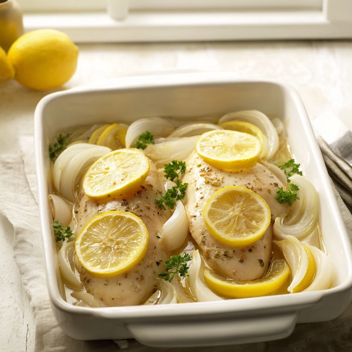 Tender baked chicken breasts with bright lemon slices and fresh parsley on a white ceramic dish, ready for a weeknight dinner.