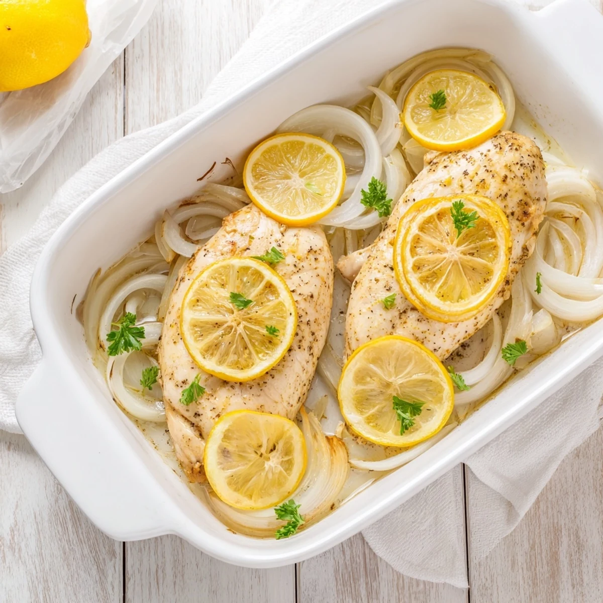 Close-up of juicy lemon supper chicken bake in a baking dish, garnished with fresh parsley and lemon slices.