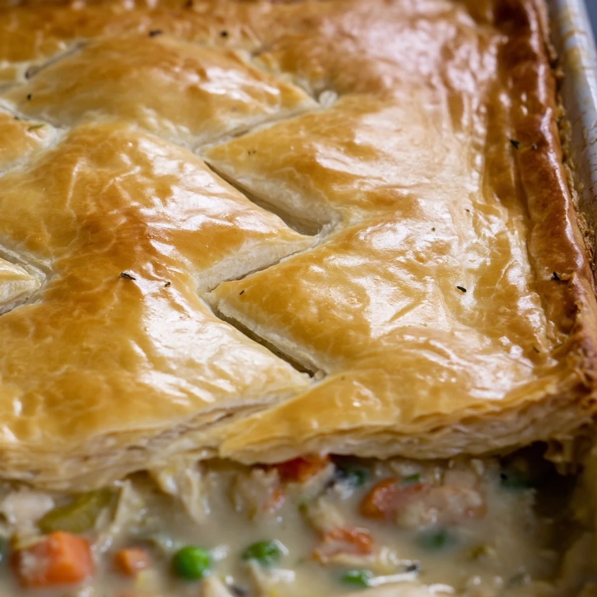 A close-up of Chicken Supper Pie Pot with a golden, flaky puff pastry crust, brushed with egg wash and baked to perfection.