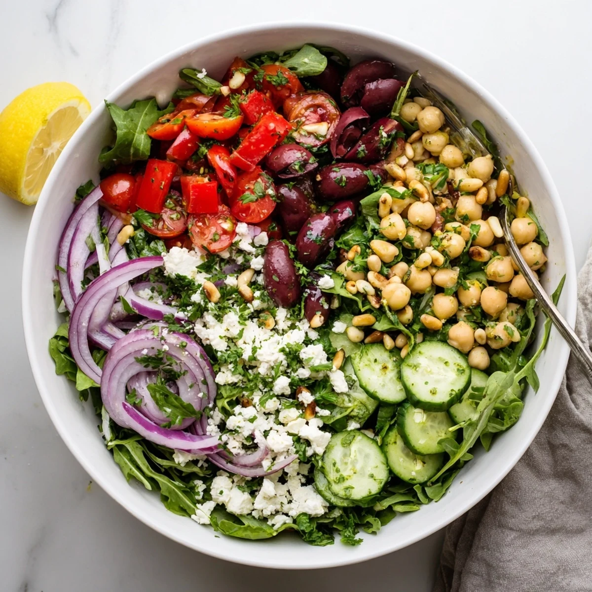 Bright Mediterranean Supper Salad Bowl with mixed greens, chickpeas, tomatoes, cucumber, and tangy feta, dressed in lemon-herb vinaigrette.  