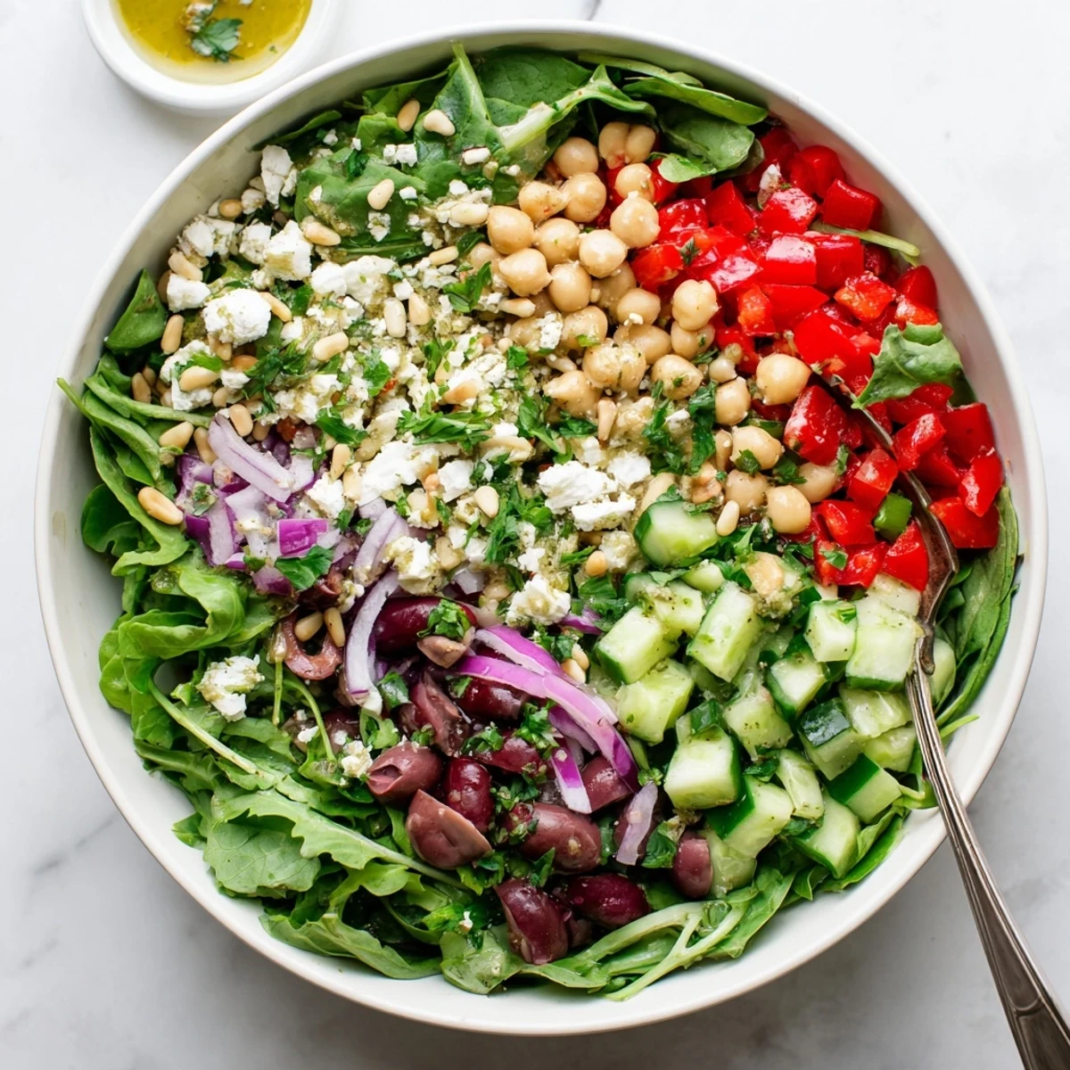 Freshly tossed Mediterranean Supper Salad Bowl with red bell pepper, red onion, and zesty lemon-herb dressing, served on a white plate.