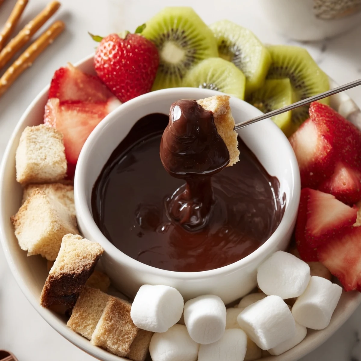 A close-up of silky Date Night Chocolate Fondue with fresh strawberries, banana slices, and pretzel sticks on a rustic platter.