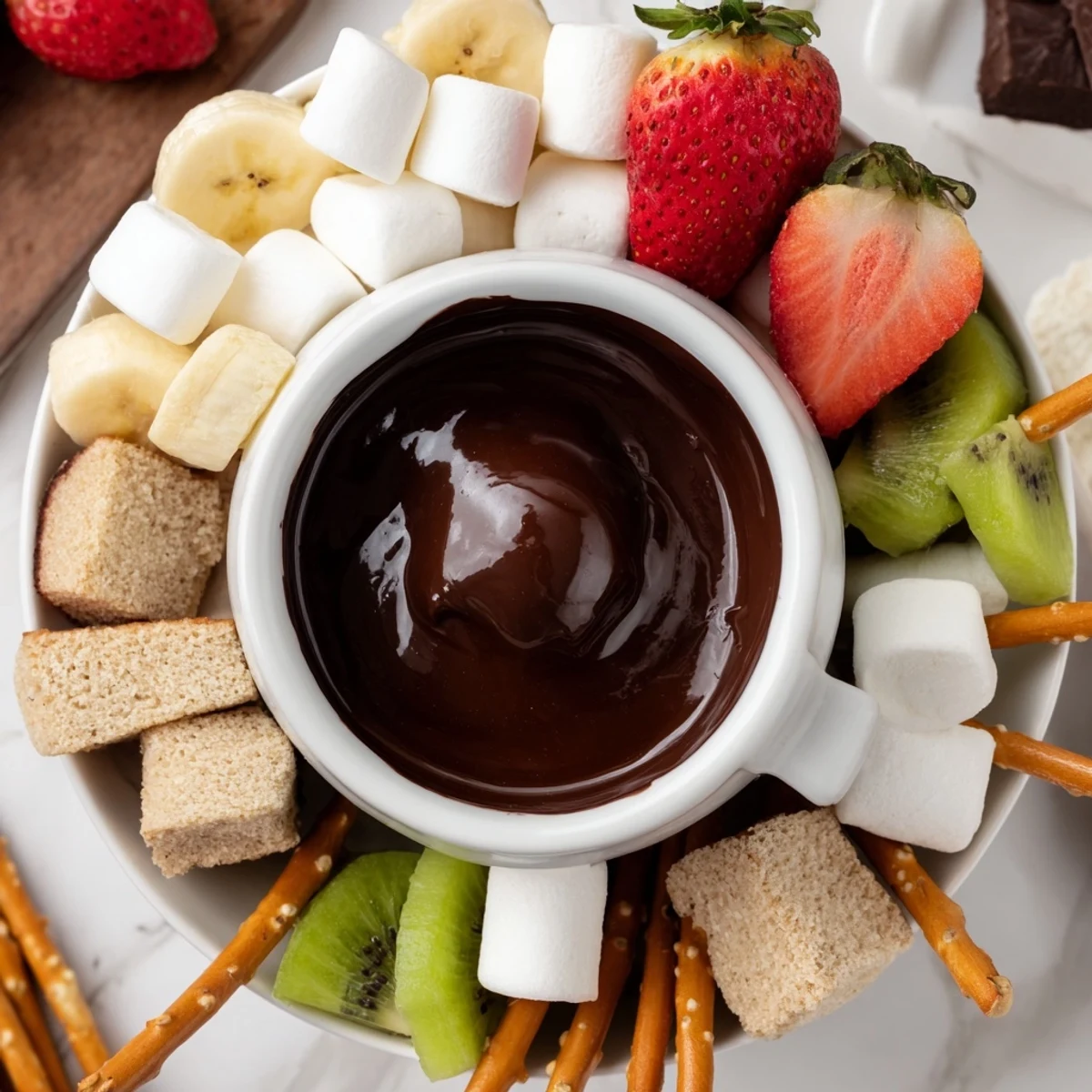Date Night Chocolate Fondue bubbling gently in a ceramic pot, surrounded by cubes of brioche, marshmallows, and kiwi chunks.