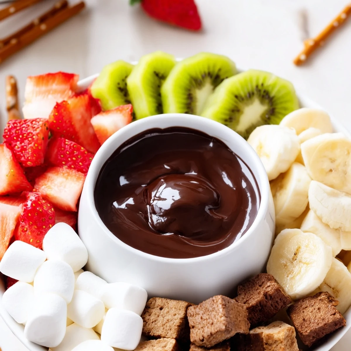 Romantic Date Night Chocolate Fondue served in a fondue pot with skewers, perfect for dipping strawberries and pound cake.
