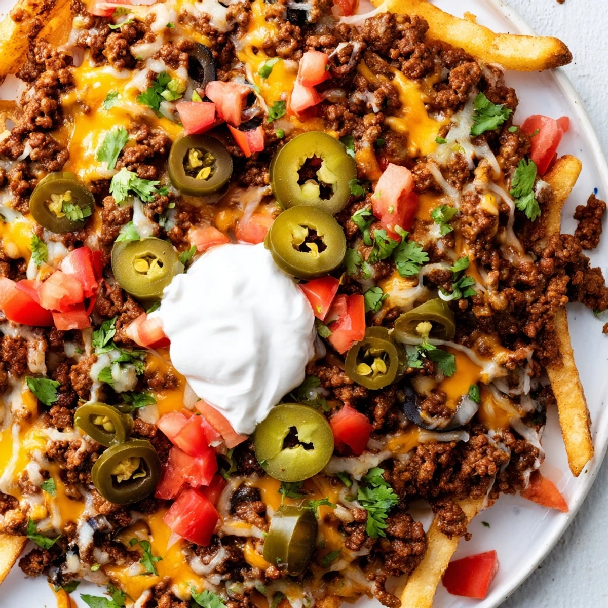 This loaded nacho fries platter is garnished with diced tomatoes, black olives, and green onions, creating a colorful, shareable appetizer perfect for game day gatherings.
