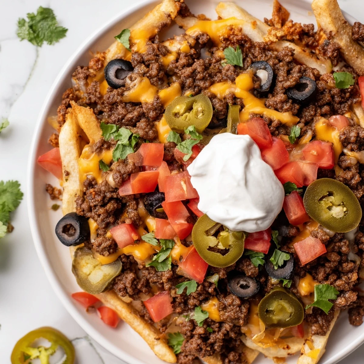 A close-up view of hot Super Bowl Loaded Nacho Fries with bubbly cheese, ground beef, and fresh cilantro, served on a platter ready for a party.