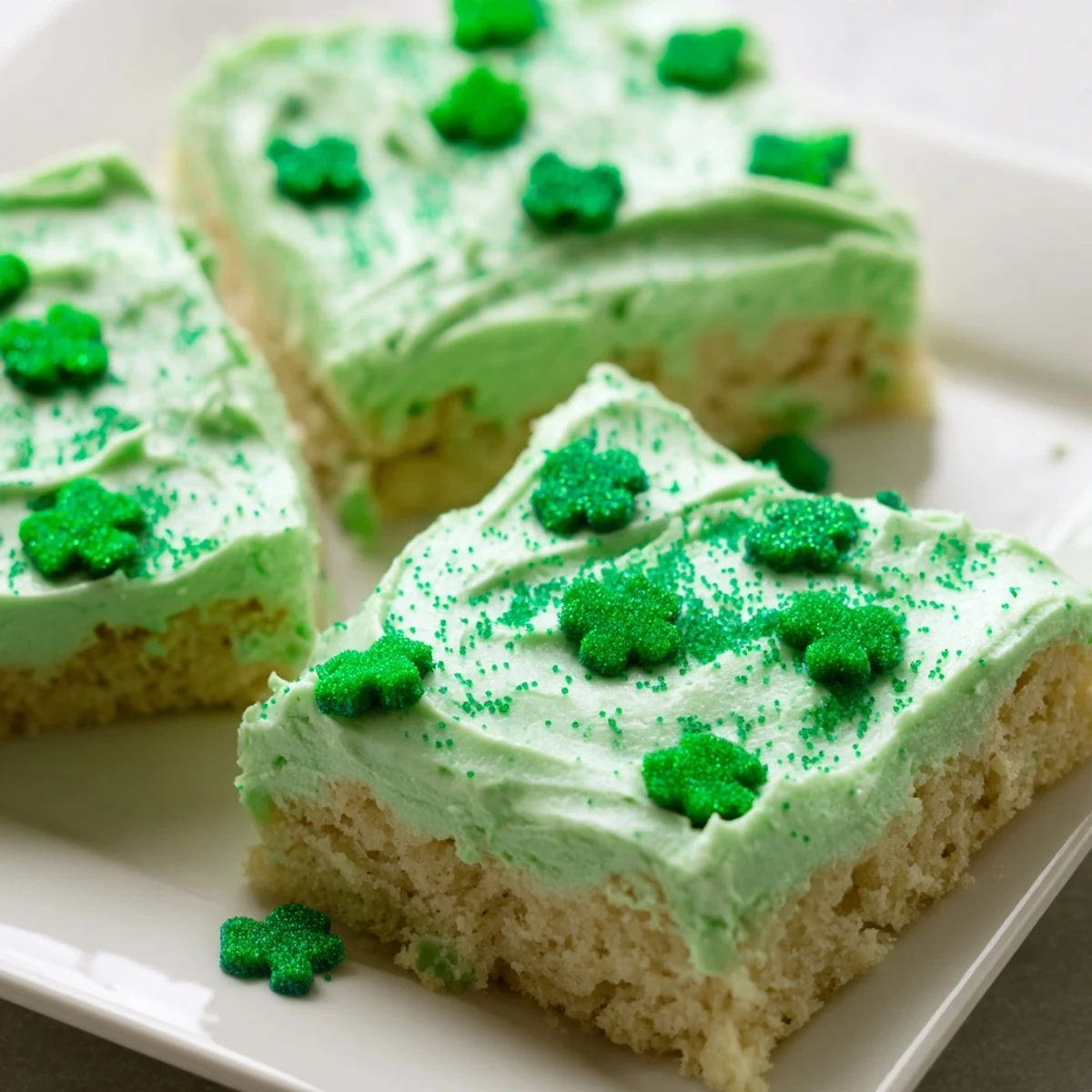 Golden Shamrock Cookie Bars with creamy green frosting and sprinkles on a white plate.