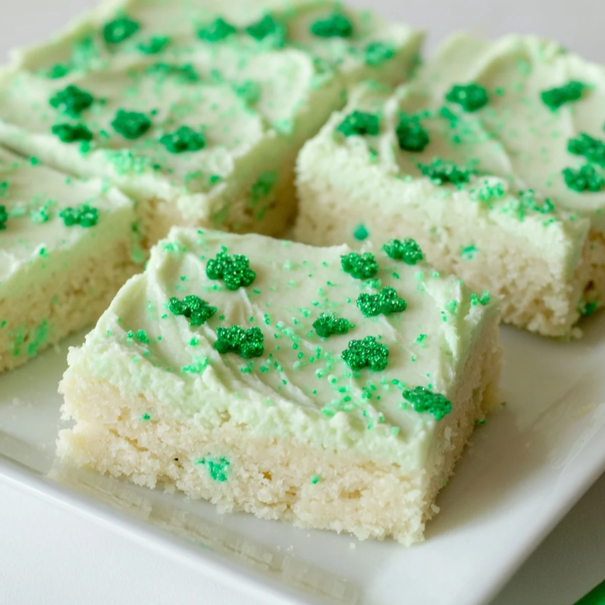 Freshly baked Shamrock Cookie Bars served on a marble countertop, ideal for St. Patrick's Day.