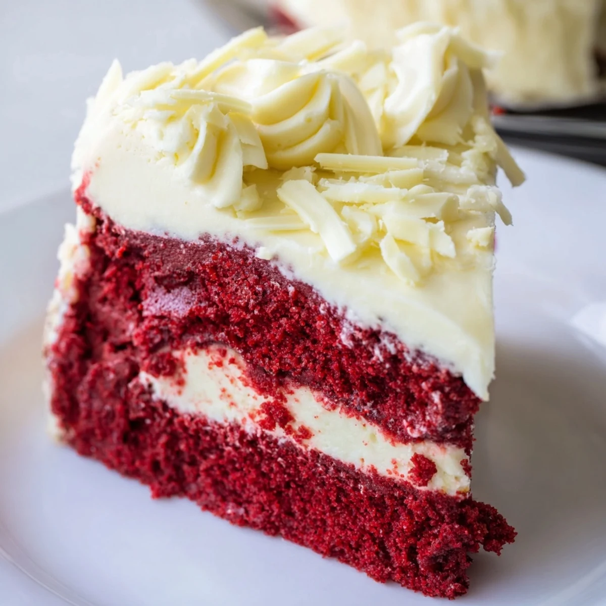 Freshly sliced Red Velvet Cheesecake reveals vibrant red velvet layers and rich creamy cheesecake on a white plate.