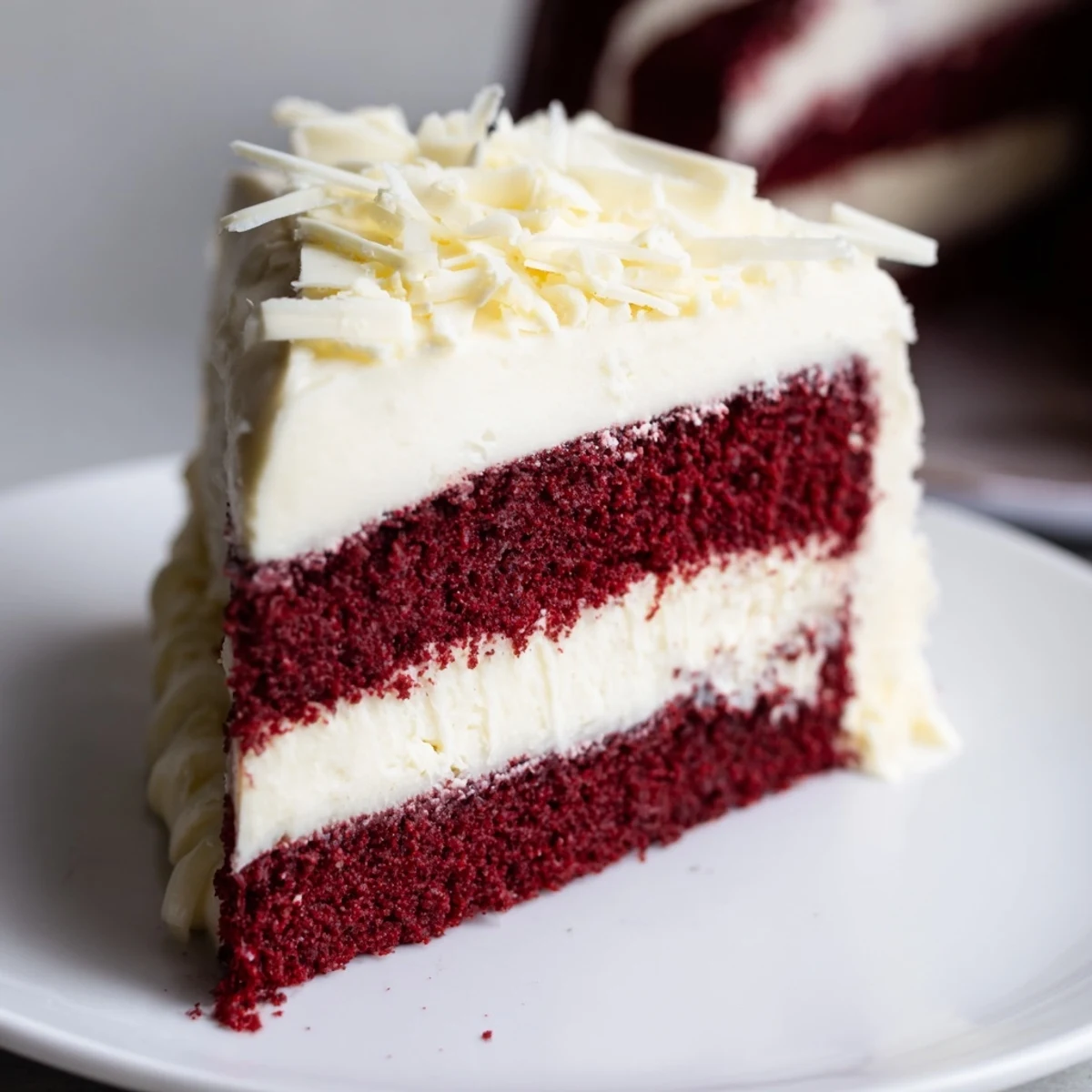 A slice of Red Velvet Cheesecake is served on a decorative plate with a dollop of whipped cream.