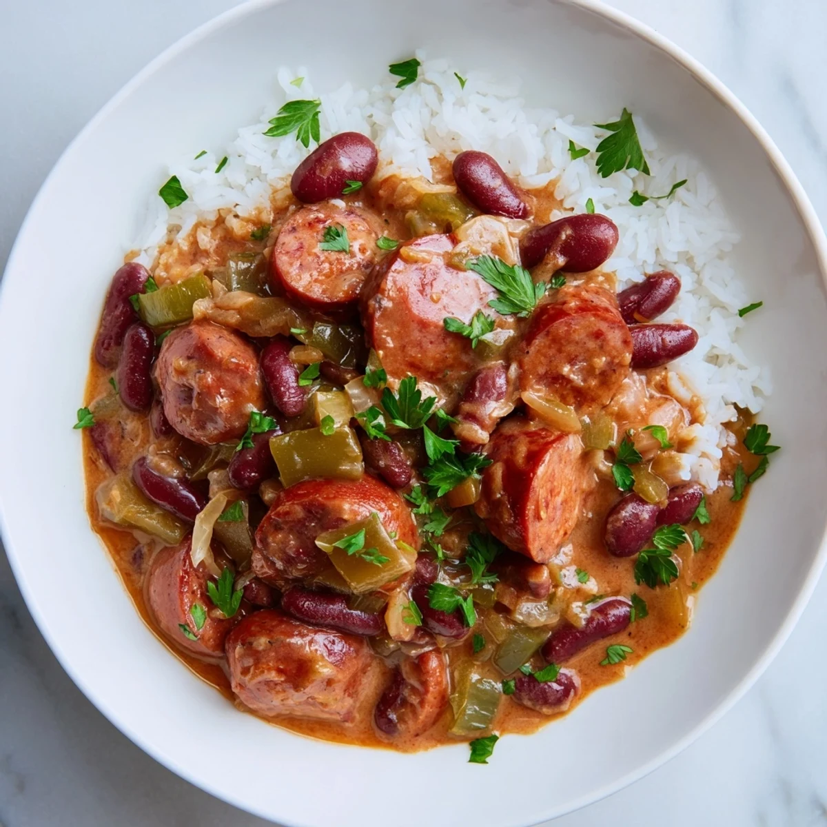 A warm bowl of Creole Red Beans and Rice, featuring creamy beans, smoky andouille sausage, and fresh parsley over fluffy white rice.