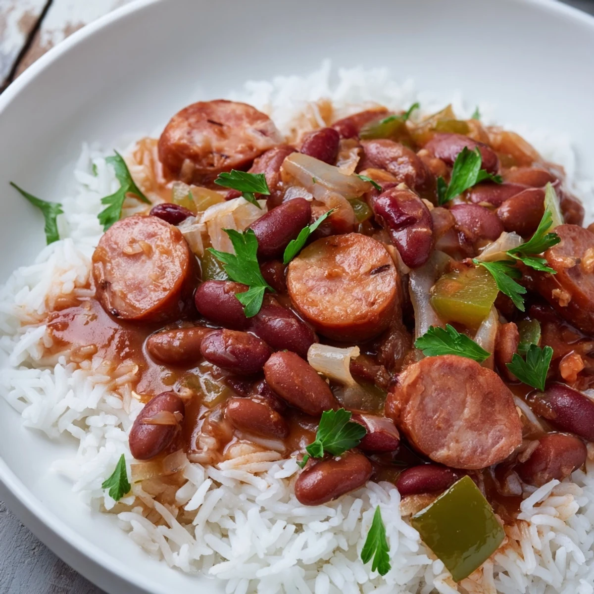 Creole Red Beans and Rice simmering in a Dutch oven with a ham hock, aromatic onions, bell peppers, and celery.