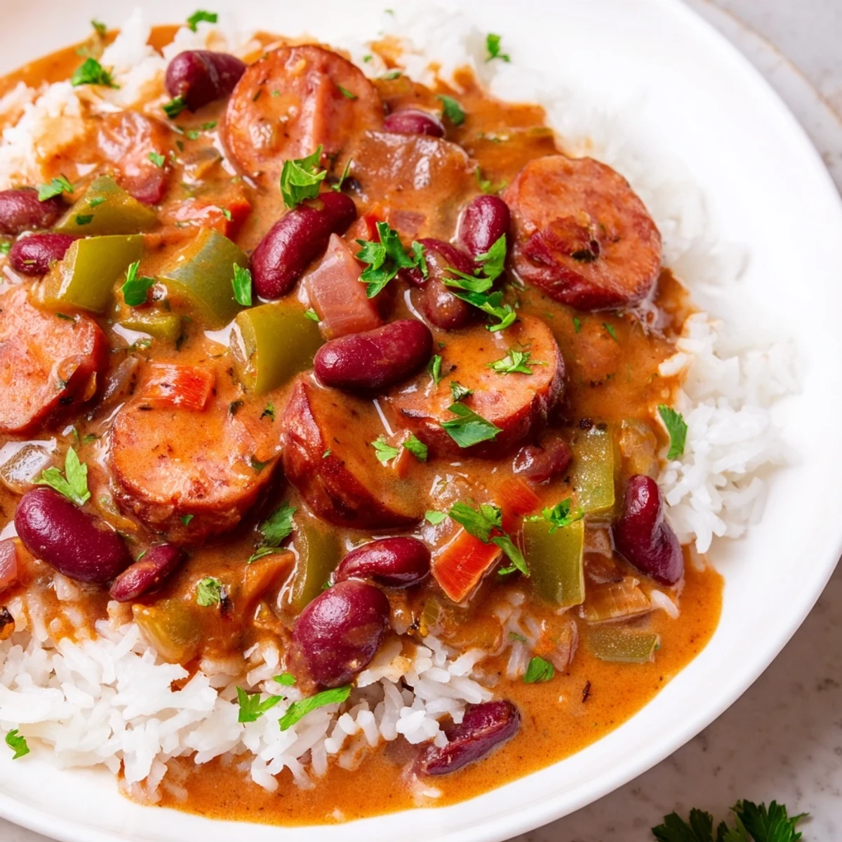 Hearty Creole Red Beans and Rice served in a rustic bowl, garnished with sliced sausage and a dash of hot sauce.