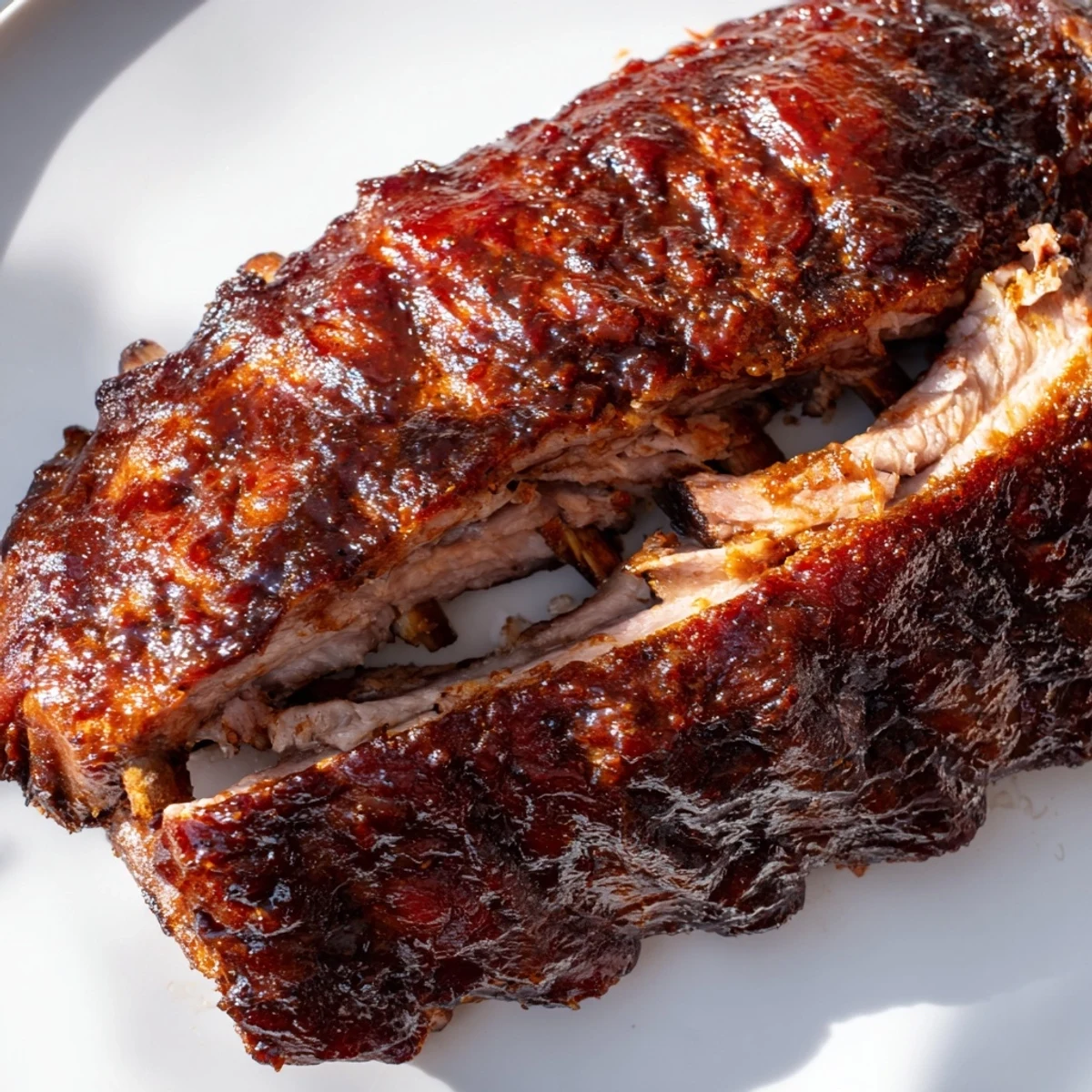 Smoky Tailgate Ribs with BBQ Sauce are sliced and served with extra sauce on the side.