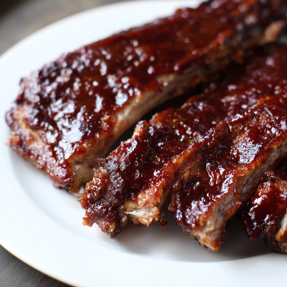 Golden Tailgate Ribs with BBQ Sauce rest beside cornbread and coleslaw on a rustic platter.