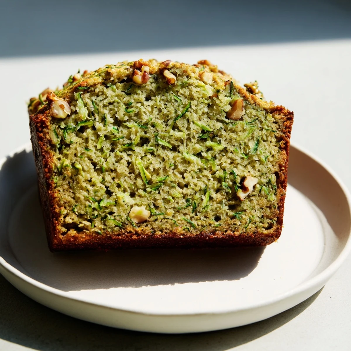 A warm loaf of Green Zucchini Bread cooling on a wire rack, surrounded by fresh zucchini and cinnamon sticks to highlight the key ingredients.