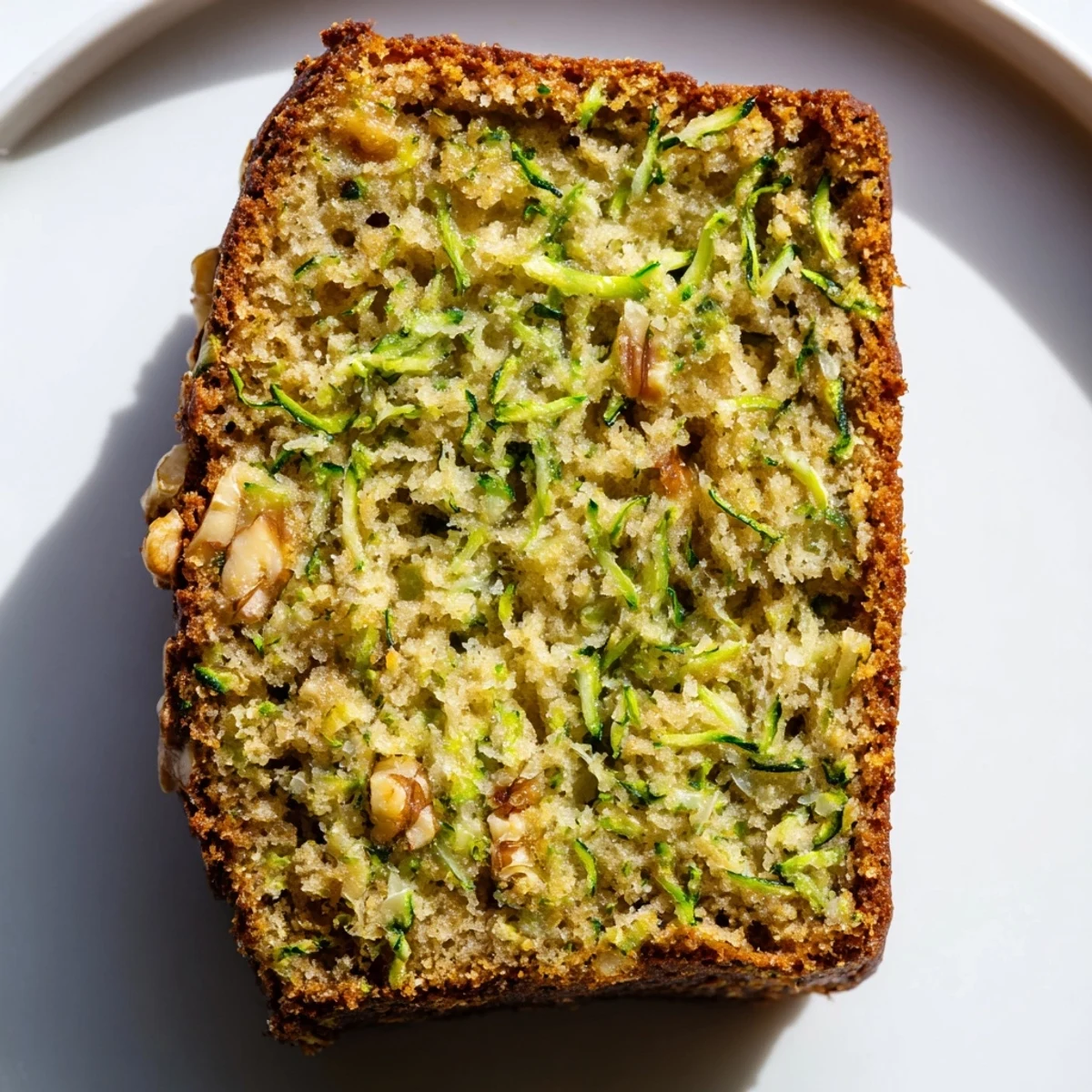 Thick slices of Green Zucchini Bread served on a rustic plate with a thick pat of melting butter, ready for a comforting breakfast or snack.