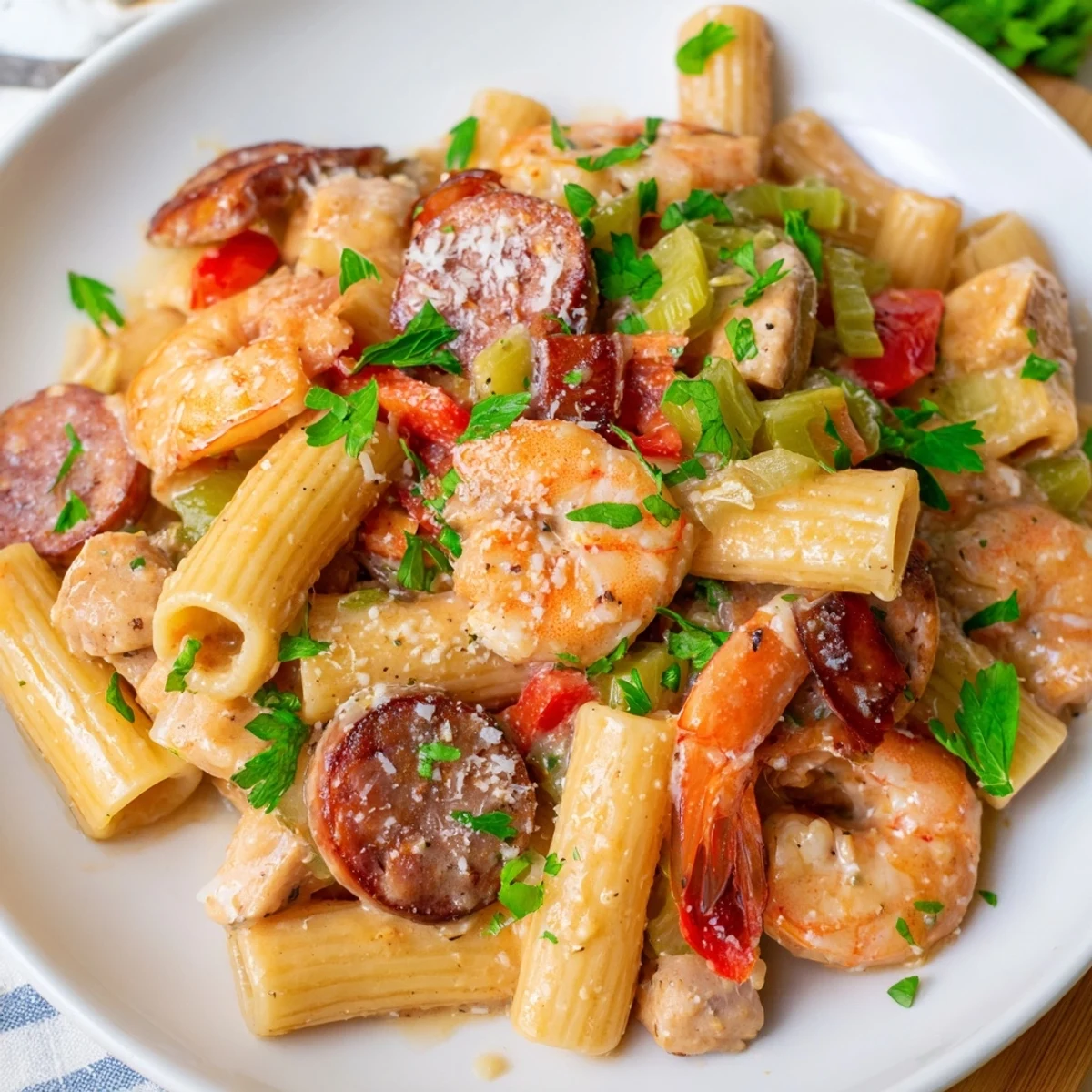 A close-up view of Mardi Gras Jambalaya Pasta featuring tender chicken, spicy sausage, and a rich, creamy Cajun sauce.