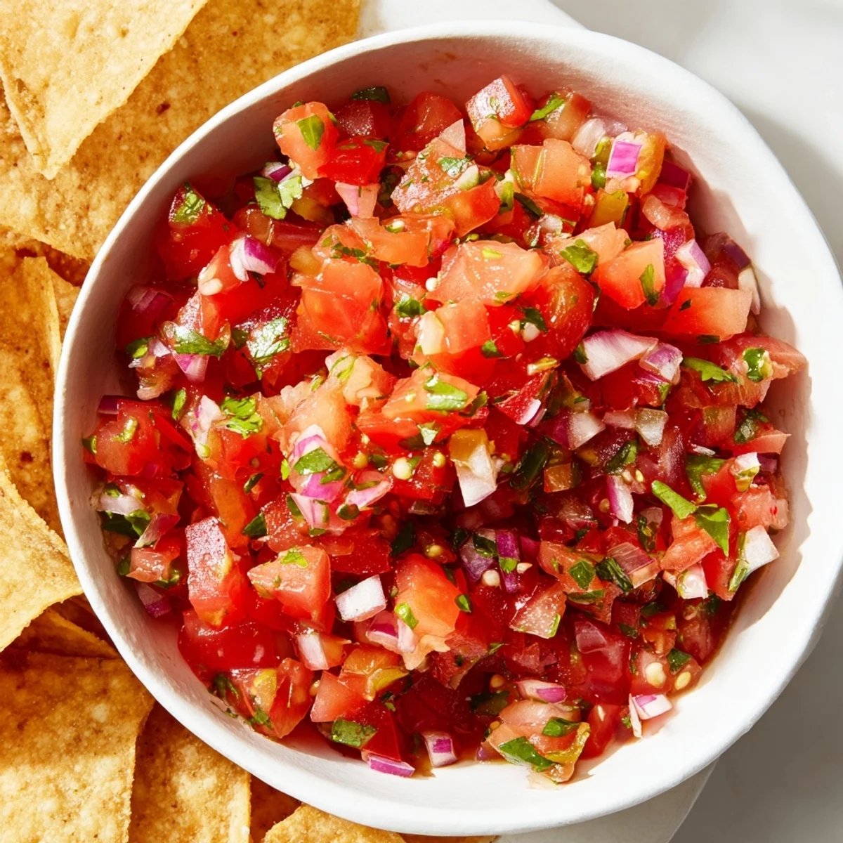 Bright red tomato salsa in a bowl with a mountain of crispy tortilla chips for a crowd.