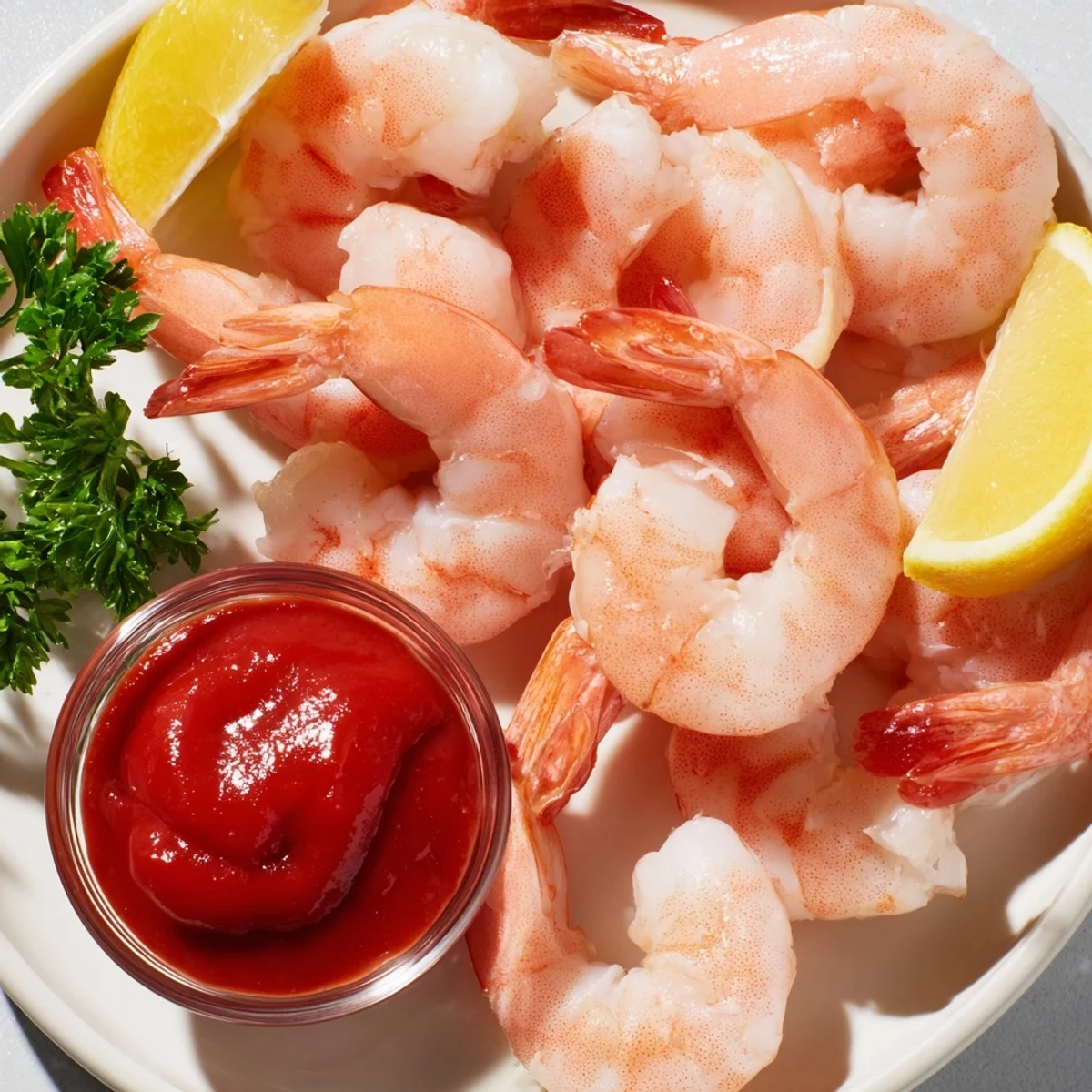 Chilled, poached shrimp arranged elegantly in a glass with zesty homemade Romantic Shrimp Cocktail sauce and a lemon wedge garnish.