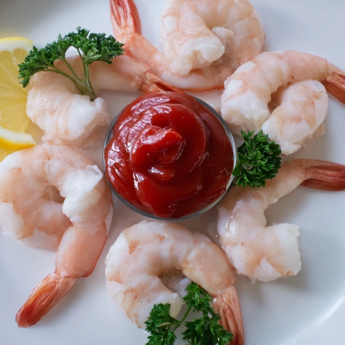 Freshly cooked shrimp served over ice with a side of tangy Romantic Shrimp Cocktail sauce and lemon wedges for dipping.