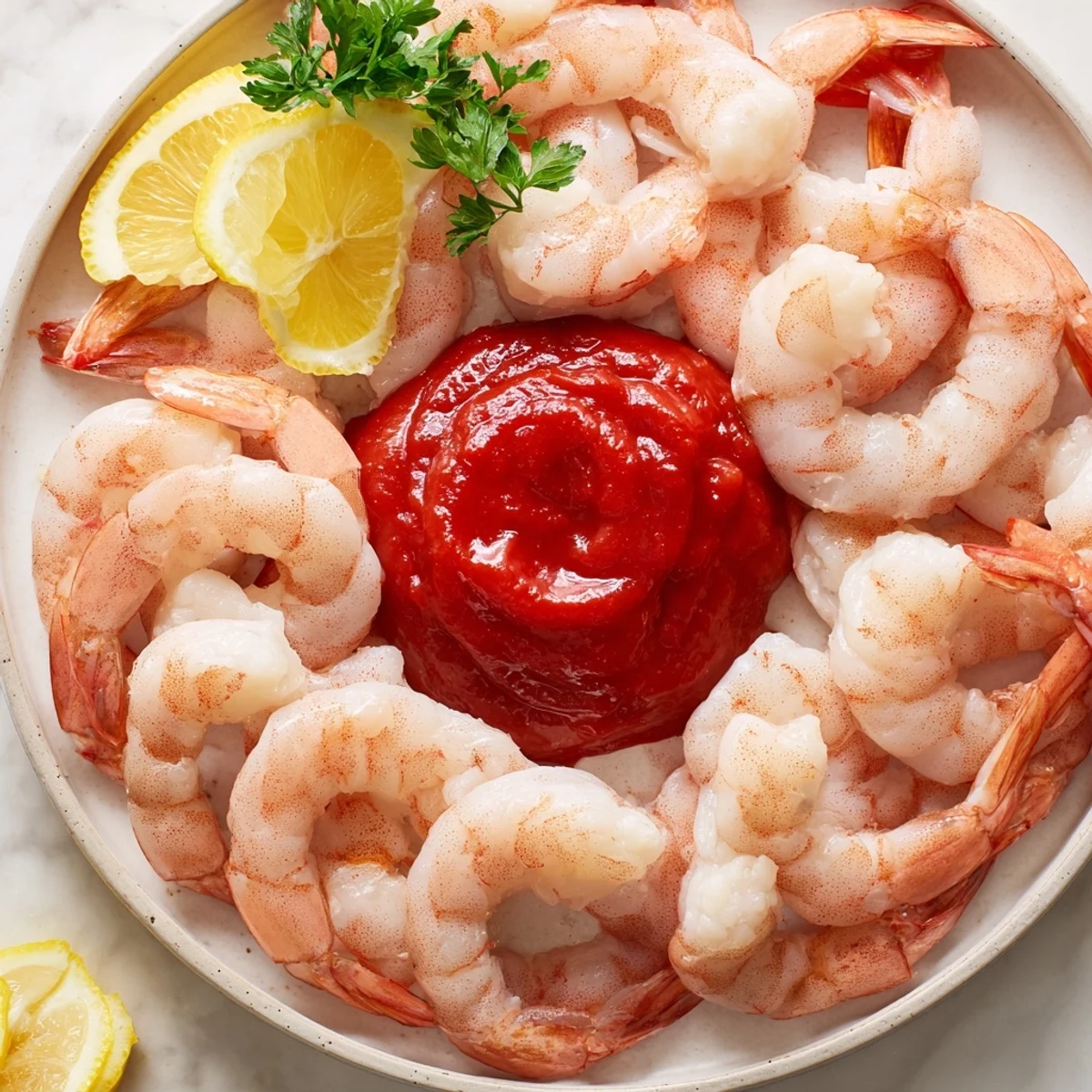 A close-up view of a Romantic Shrimp Cocktail platter featuring pink shrimp tails, fresh parsley, and a ramekin of spicy red sauce.