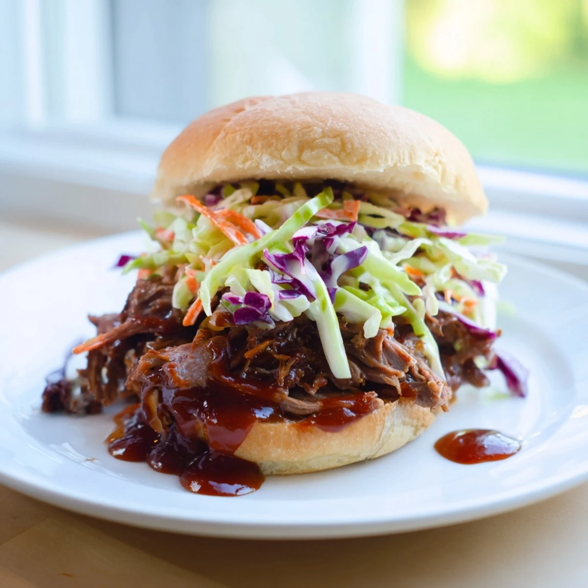 Freshly shredded, saucy Tailgate Pulled Beef Sliders resting on soft buns with tangy slaw and barbecue sauce. 