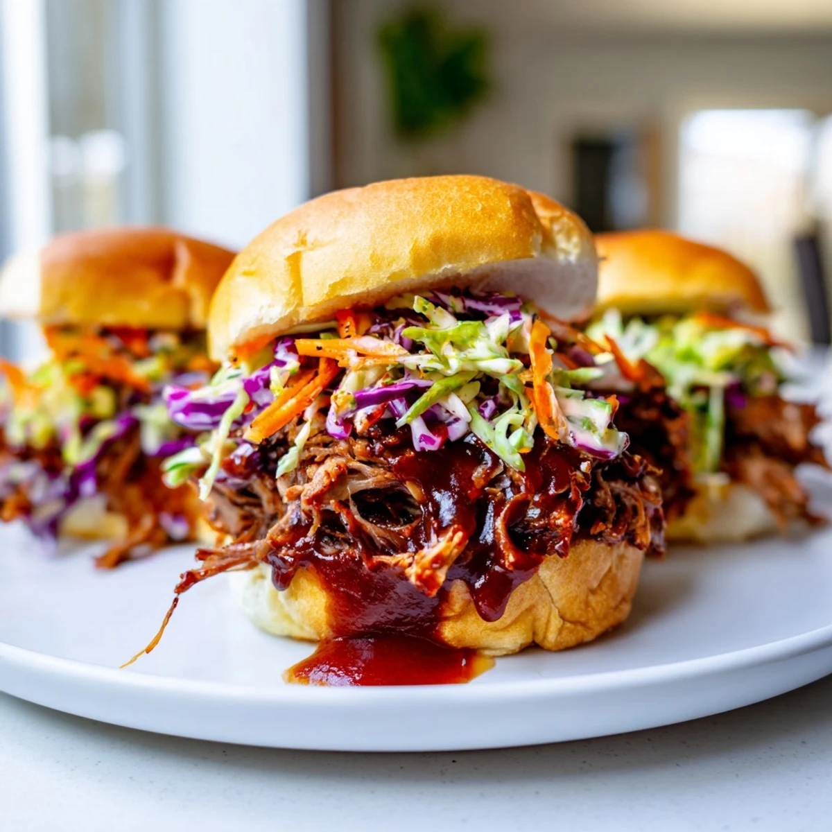 Golden slider buns stuffed with smoky Tailgate Pulled Beef Sliders and crunchy slaw, ideal for game day. 