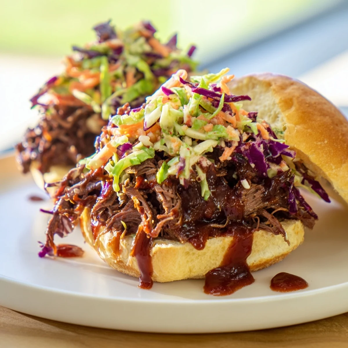 Close-up of tender Tailgate Pulled Beef Sliders with melted cheese, pickles, and barbecue sauce on a platter.