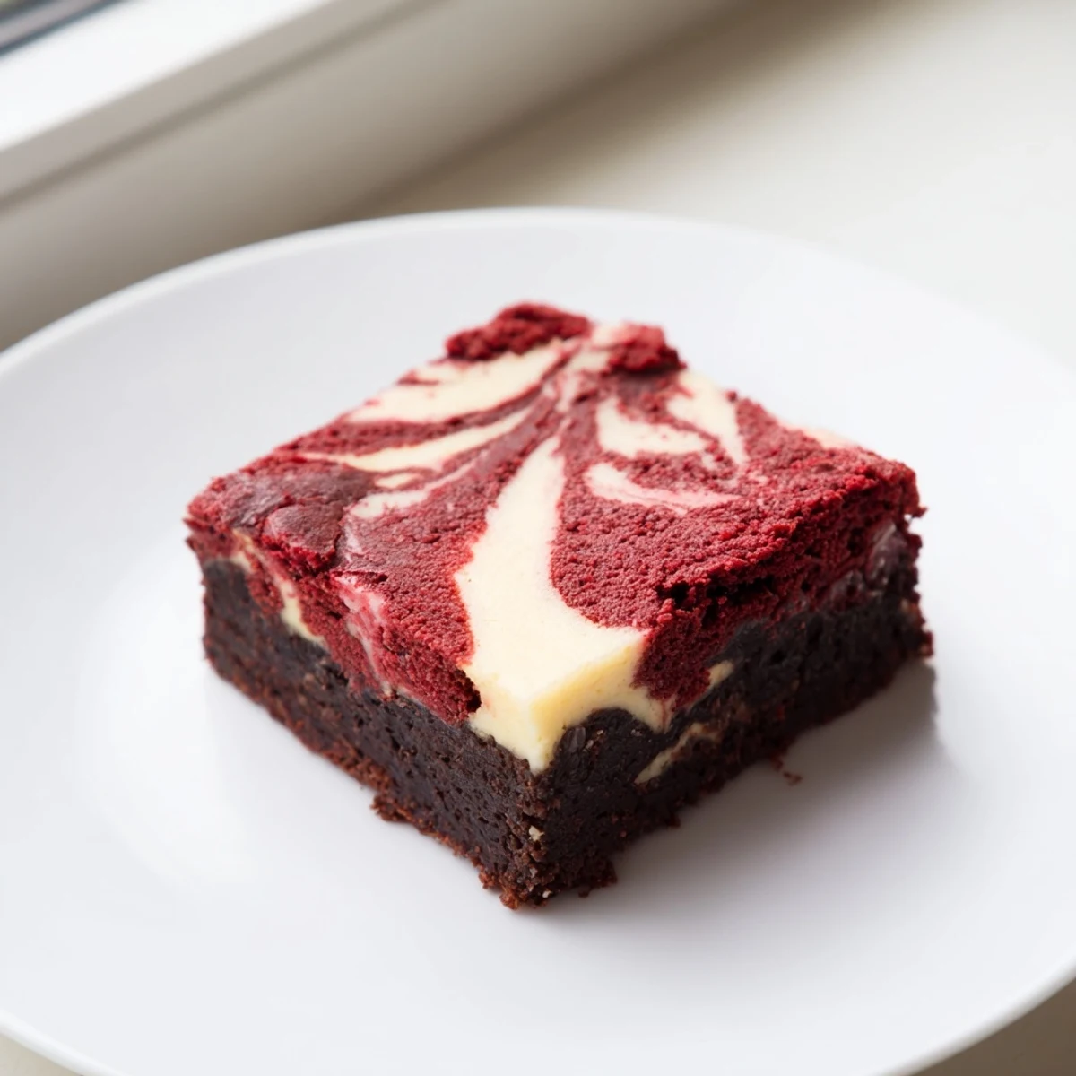 A close-up of Red Velvet Brownies with Cheesecake Swirl showing a rich marbled texture and deep red cocoa brownie with creamy white swirls.