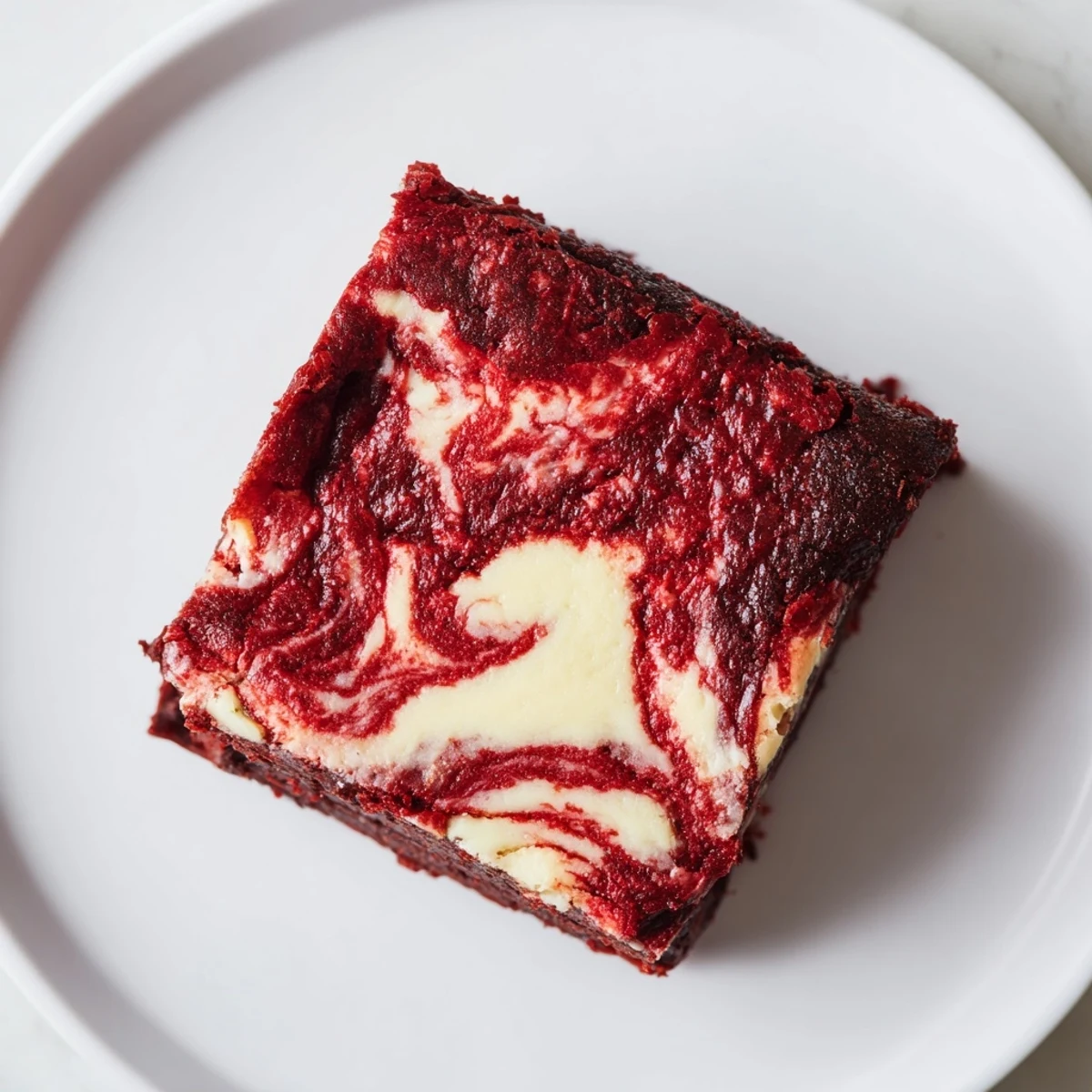 A slice of Red Velvet Brownies with Cheesecake Swirl revealing moist crumb and creamy swirl, served on a white plate for a classic American treat.