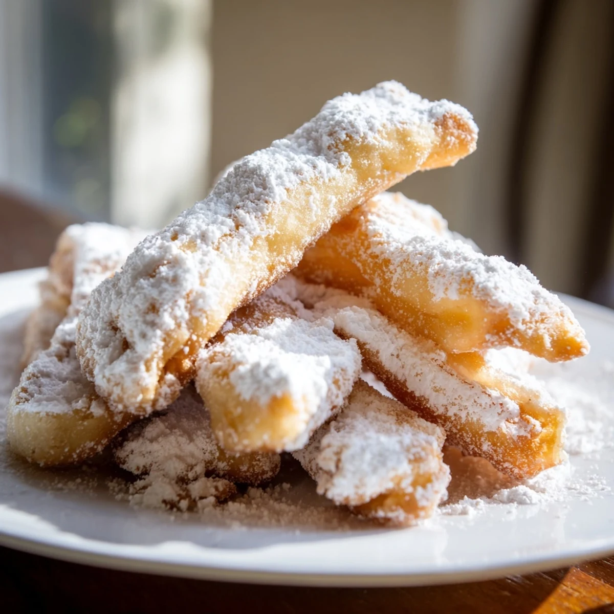 Strips of pillowy dough for New Orleans Beignet Fries with Sugar, showered in snowy powdered sugar on a plate.