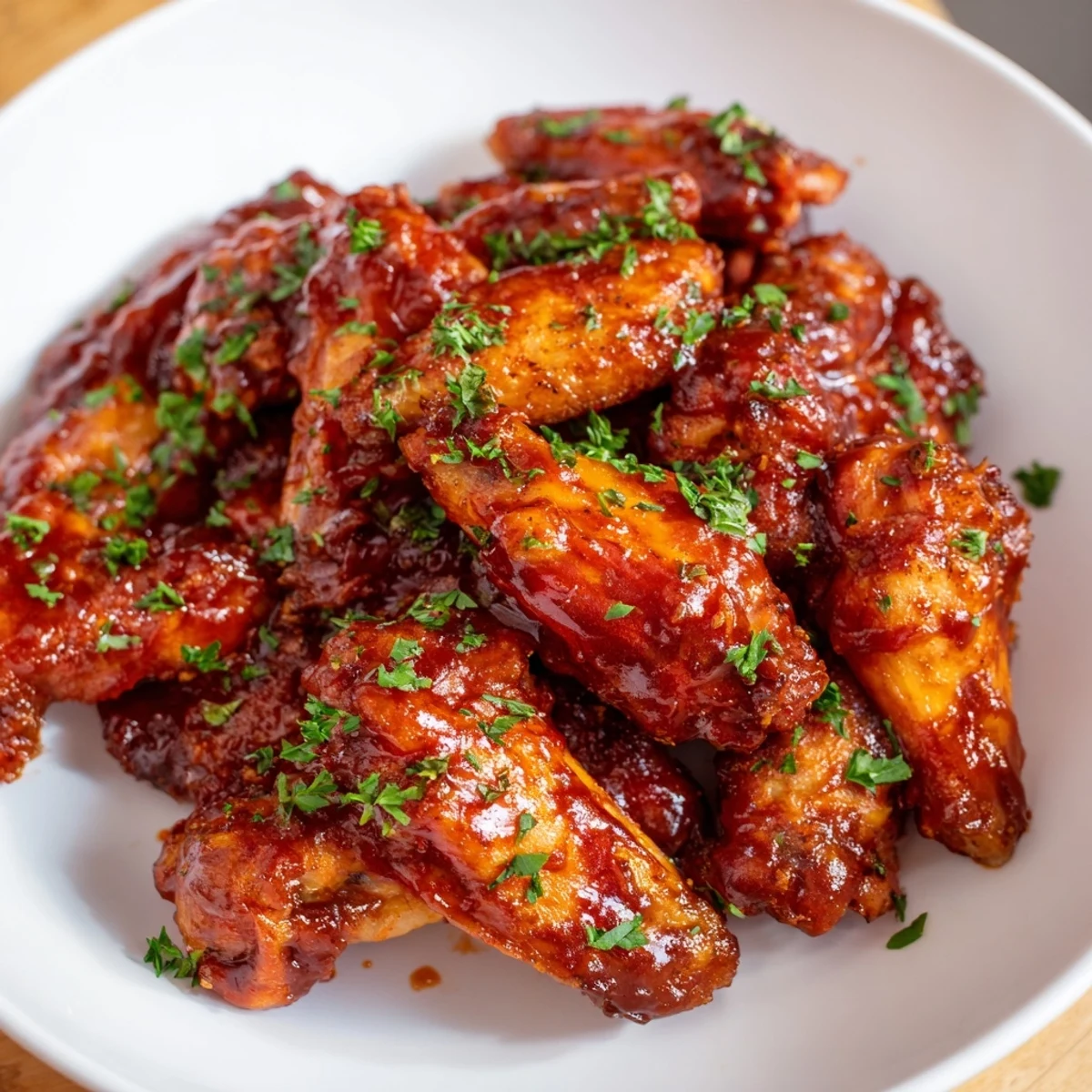 Golden-brown crispy chicken wings tossed in tangy homemade BBQ sauce on a large platter, ready for a big game gathering.