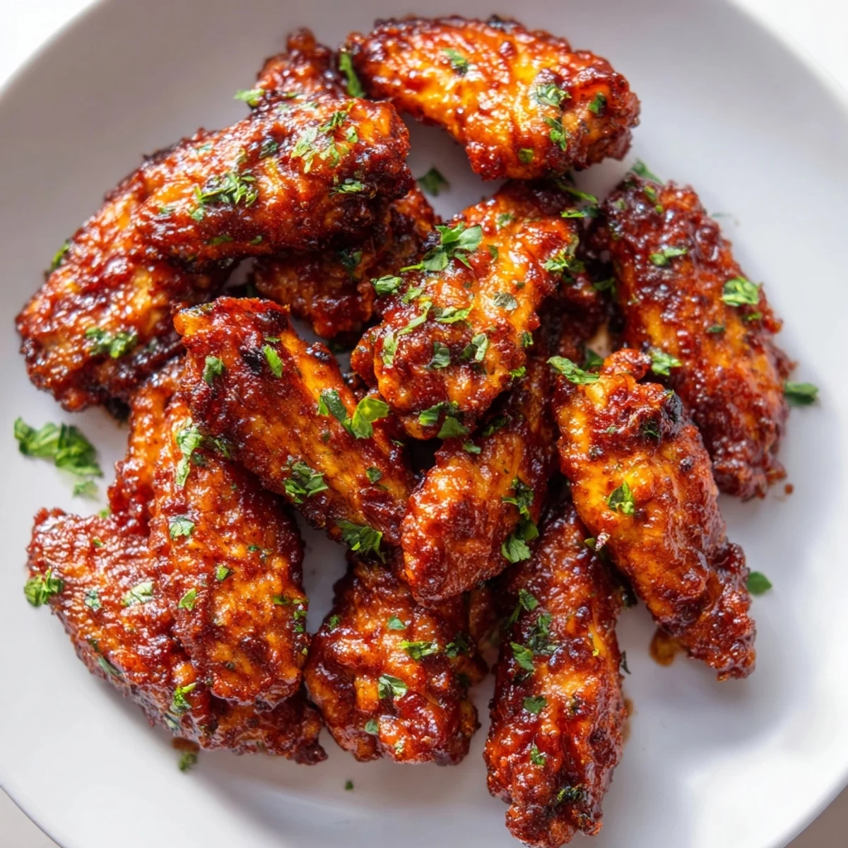 A heaping platter of Big Game Wing Platter with BBQ Sauce, garnished with fresh parsley and served with celery sticks.