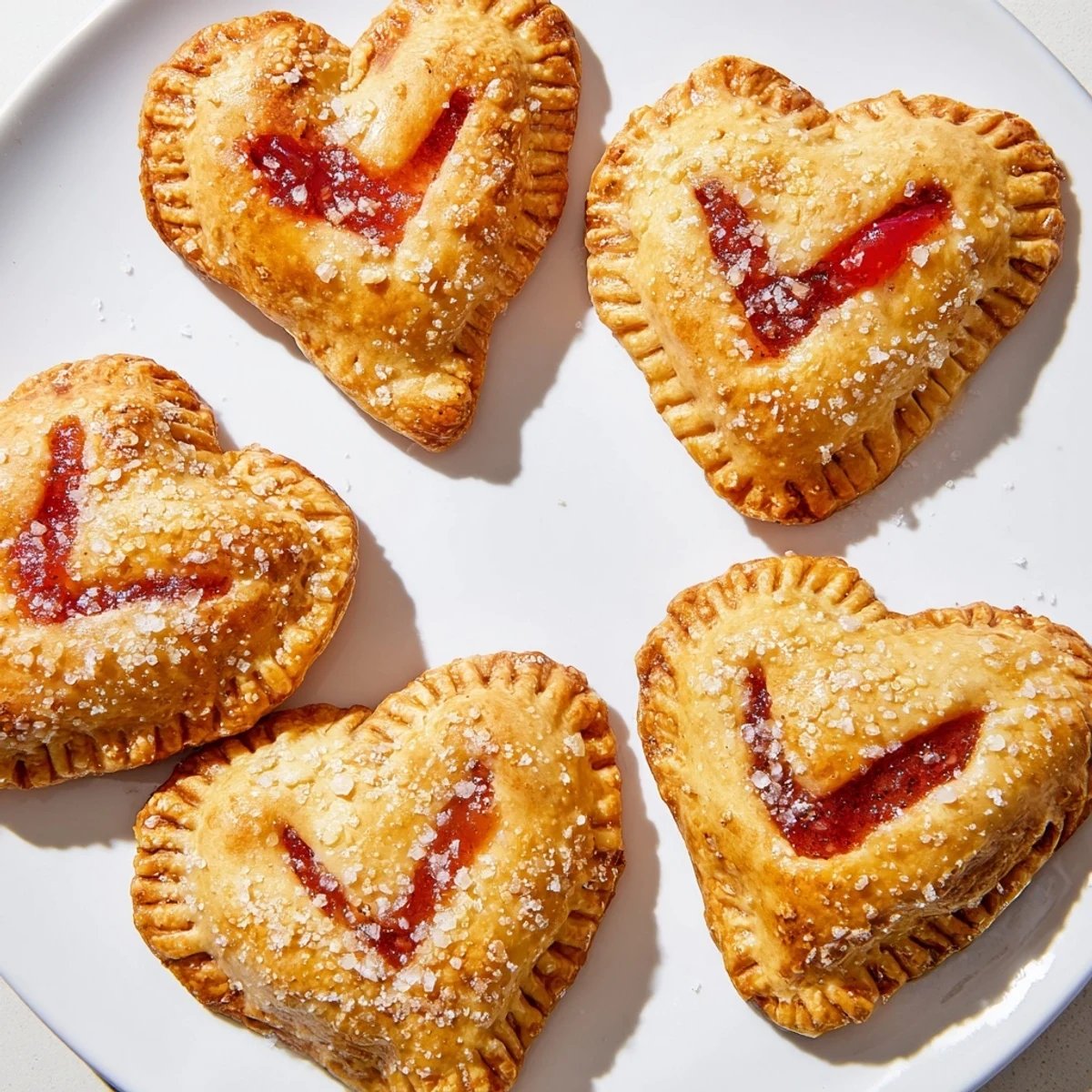 Freshly baked Sweetheart Strawberry Hand Pies with a golden, flaky crust and sugary topping, served warm on a rustic wooden board.