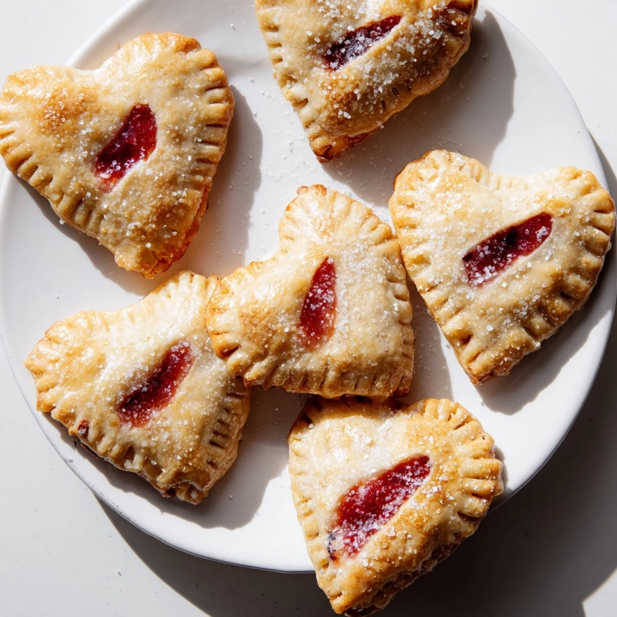Two Sweetheart Strawberry Hand Pies showing their bubbly, luscious strawberry filling, ready to be shared for a romantic dessert.