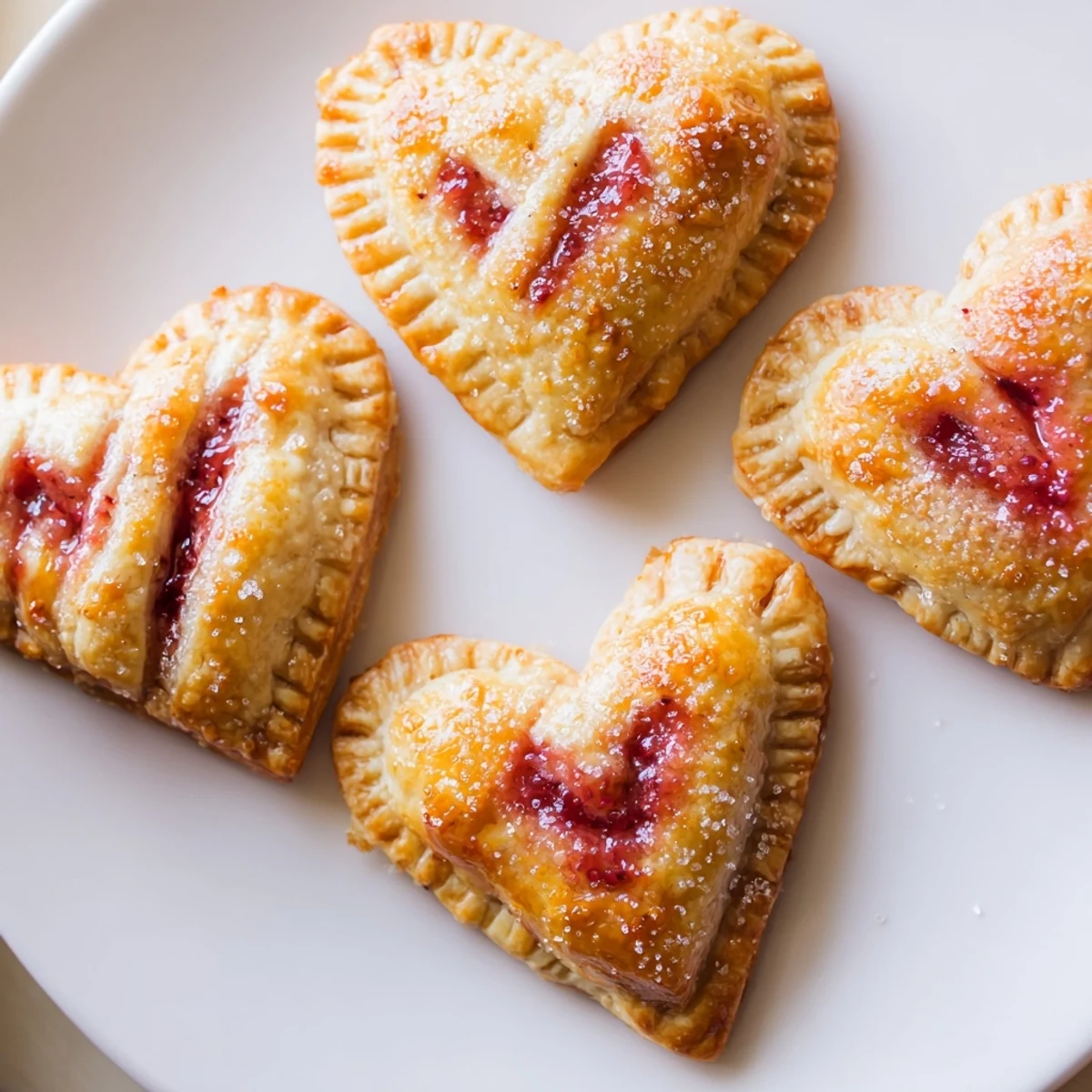 Golden-brown Sweetheart Strawberry Hand Pies resting on parchment, featuring a heart shape and a delicate fork-crimped edge.