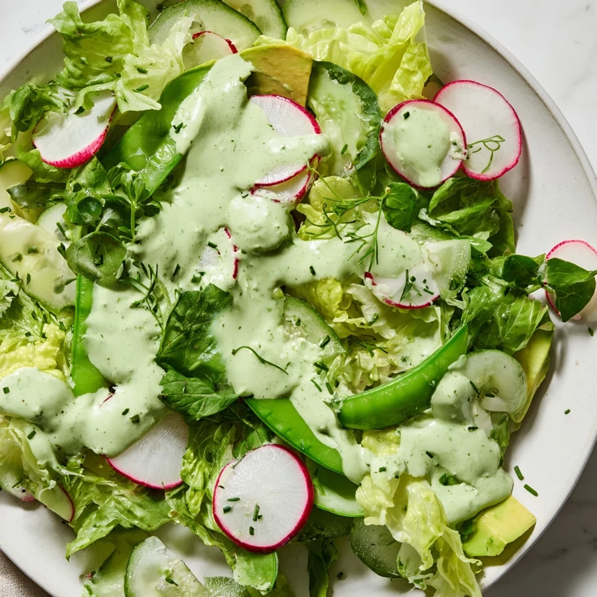 A vibrant Green Salad with Green Goddess Dressing in a white bowl, featuring crisp lettuce, sliced avocado, and colorful radishes.