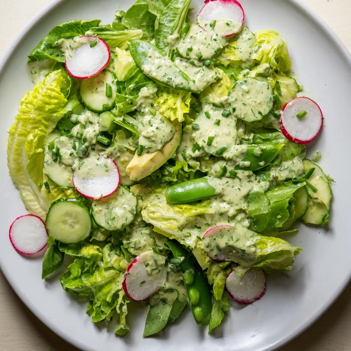 Close-up of Green Salad with Green Goddess Dressing, creamy herb dressing drizzled over bright greens, cucumbers, and avocado slices.