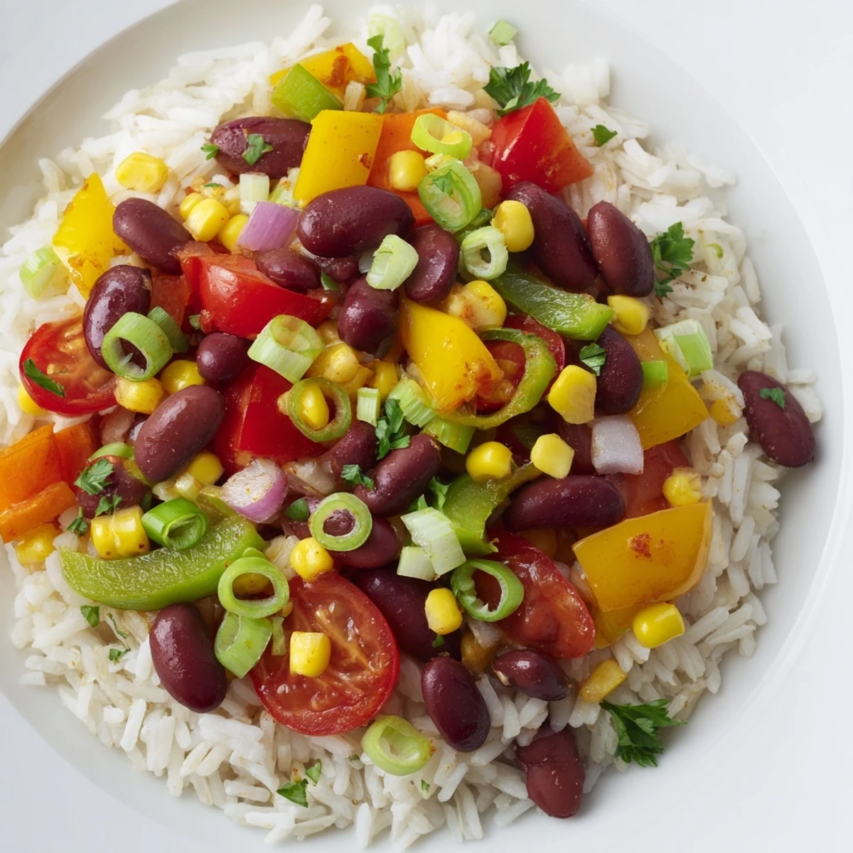 Festive Mardi Gras Veggie Rice Bowl garnished with fresh parsley and green onions, with lime wedges on the side for squeezing.
