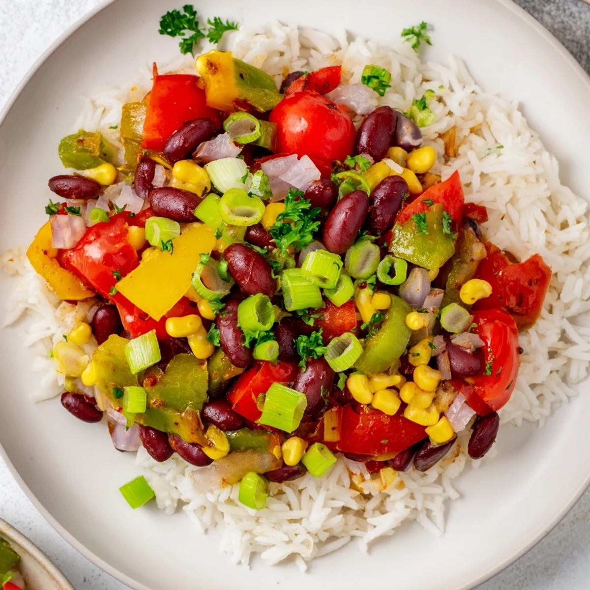Skillet of Mardi Gras Veggie Rice Bowl with sautéed corn and cherry tomatoes, steaming and seasoned with bold Cajun spices.