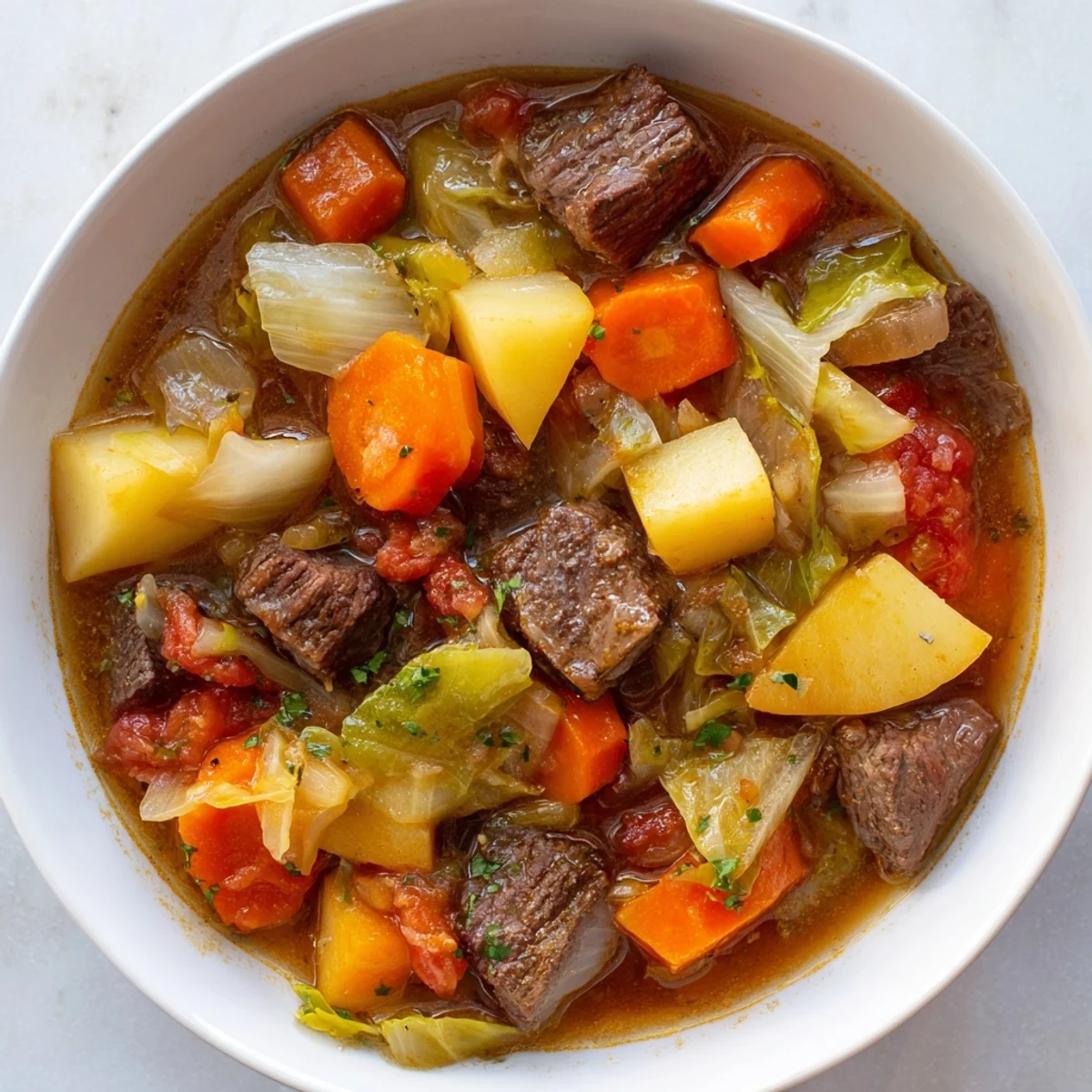 Golden-hued St. Patricks Day Cabbage and Beef Soup simmering in a rustic pot with chunks of tender beef and vibrant vegetables.
