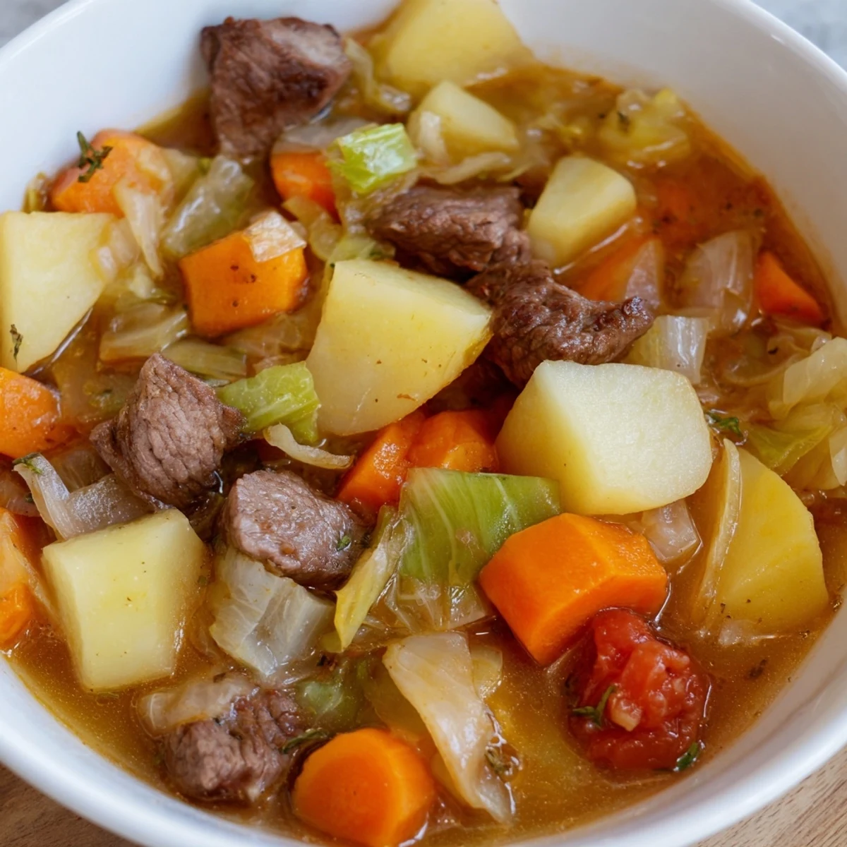A hearty bowl of St. Patricks Day Cabbage and Beef Soup served with fresh bread, perfect for a cozy dinner.