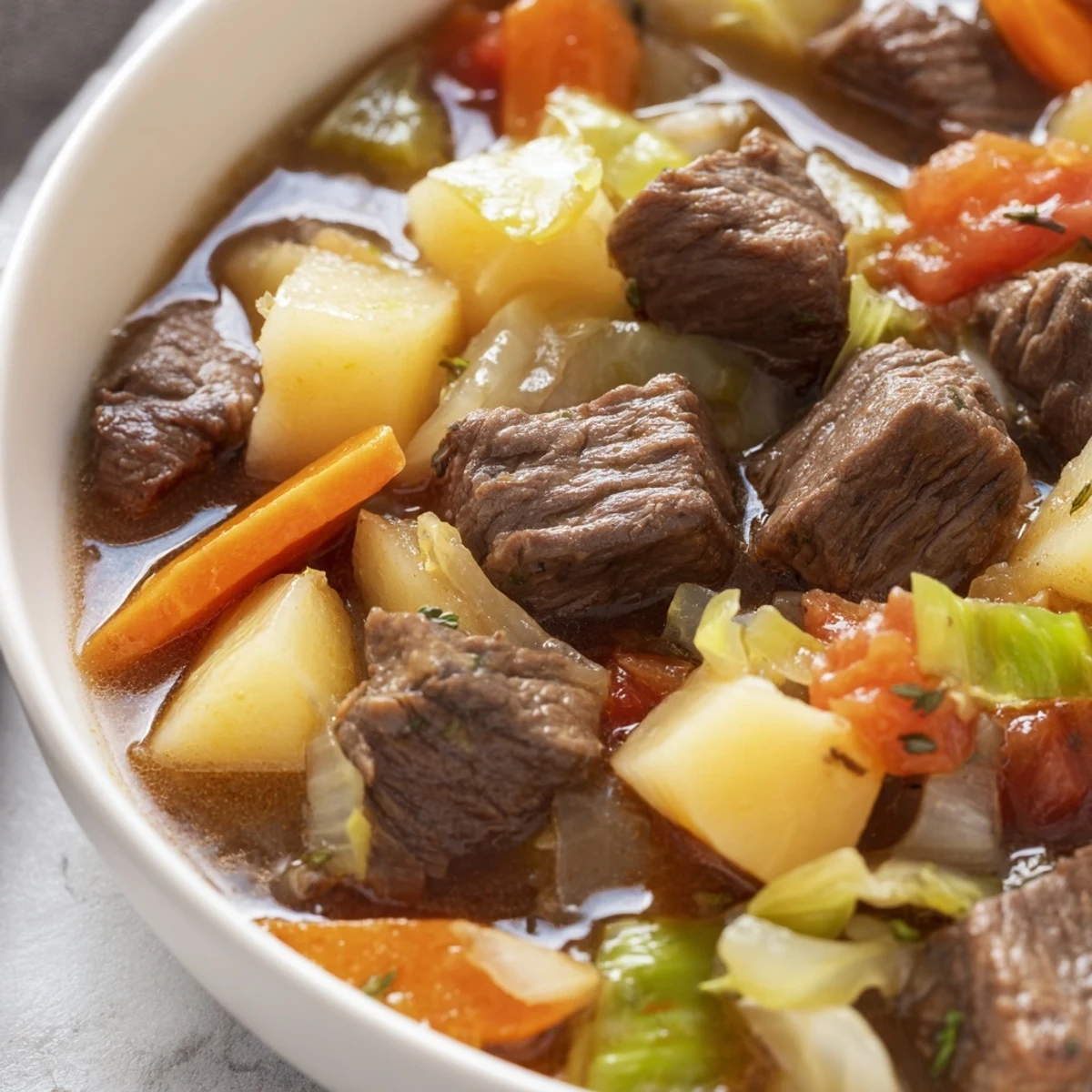 Steam rising from a flavorful St. Patricks Day Cabbage and Beef Soup filled with potatoes, carrots, and green cabbage.