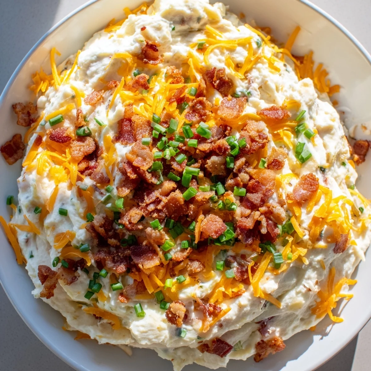 Creamy Super Bowl Loaded Baked Potato Dip topped with crumbled bacon, shredded cheddar, and fresh chives in a bowl.